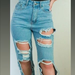 Distressed blue mom jeans